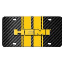 Dodge HEMI 3D Logo in Yellow on Yellow Stripe Black Carbon Fiber Look Stainless Steel License Plate