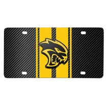 Dodge Hellcat 3D Logo in Yellow on Yellow Stripe Black Carbon Fiber Look Stainless Steel License Plate