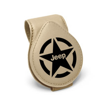 Jeep Willys Star Logo Beige Leather Magnetic Sunglass Holder Car Sun Visor Mount Clip