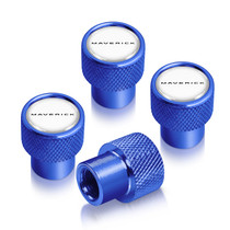 Ford Maverick in-White on Blue Premium Aluminum Tire Valve Stem Caps -Set of 4