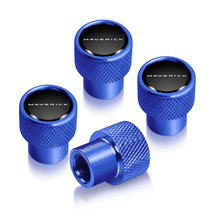 Ford Maverick in-Black on Blue Premium Aluminum Tire Valve Stem Caps -Set of 4
