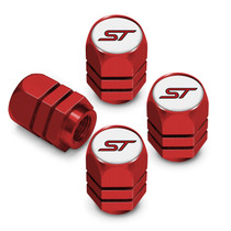 Ford ST in White on Red Hexagon Shape Aluminum Tire Valve Stem Caps