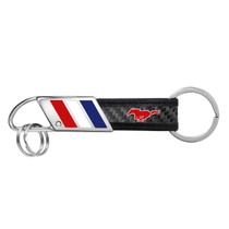 Ford Mustang in Red on Real Carbon Fiber Leather Key Chain with Red White Blue Stripe