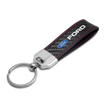 Ford Logo Real Carbon Fiber Leather Key Chain with Red Stitching , Made in USA