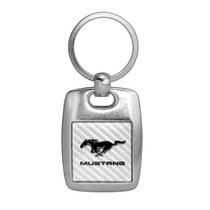 Ford Mustang White Carbon Fiber Backing Brush Metal Key Chain, Made in USA