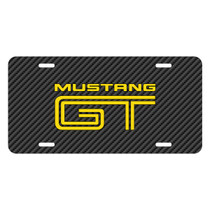 Ford Mustang GT in Yellow Black Carbon Fiber Texture Graphic UV Metal License Plate, Made in USA
