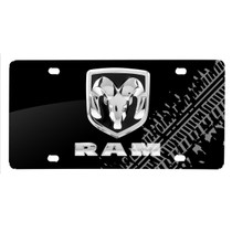 RAM 3D Double Logo Tire Marks Black Stainless Steel License Plate for Dodge, RAM