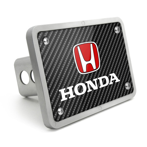 Honda Logo in Red UV Graphic Carbon Fiber Texture Billet Aluminum 2 inch Tow Hitch Cover