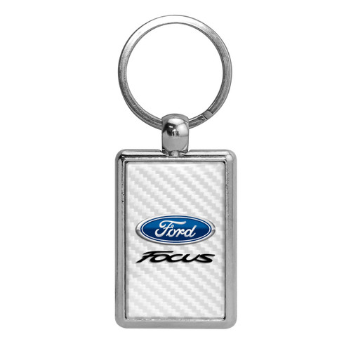 Ford Focus White Carbon Fiber Backing Brush Rectangle Metal Key Chain