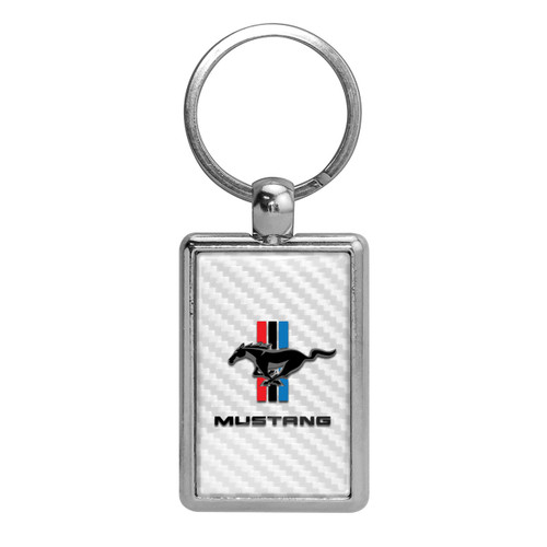 Ford Mustang Tri-Bar White Carbon Fiber Backing Brush Rectangle Metal Key Chain