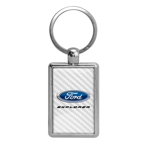 Ford Explorer White Carbon Fiber Backing Brush Rectangle Metal Key Chain