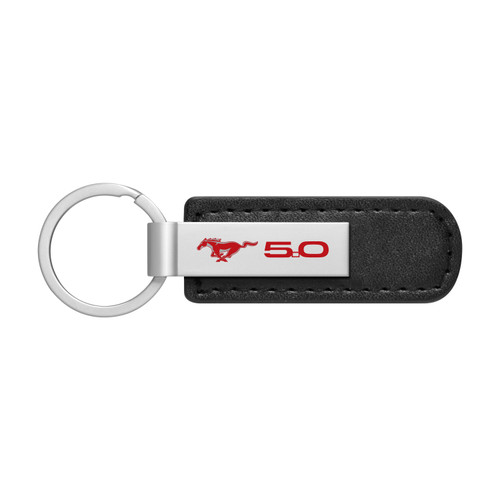 Ford Mustang 5.0 in Red Silver Metal Black PU Leather Strap Key Chain