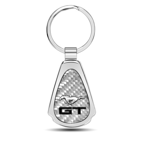 Ford Mustang GT Real Silver Dome Carbon Fiber Chrome Metal Teardrop Key Chain