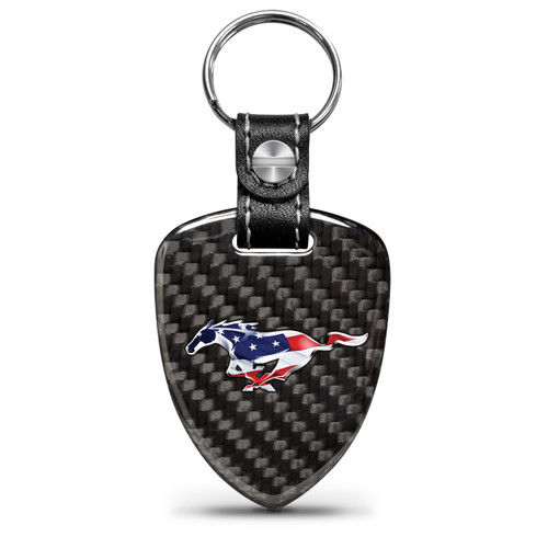 Ford Mustang Pony in USA Flag Real Black Carbon Fiber Large Shield-Style Key Chain
