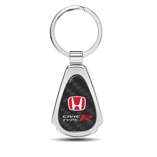 Honda Red Logo Civic Type-R Real Carbon Fiber Chrome Metal Teardrop Key Chain