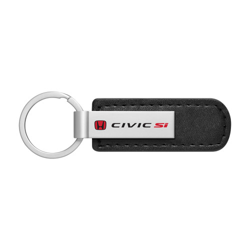 Honda Red Logo Civic Si Silver Metal Black PU Leather Strap Key Chain