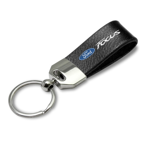 iPick Image - Large Genuine Black Leather Loop Strap Key Chain - Ford Focus