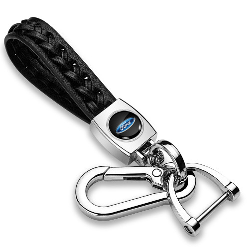 Ford Logo in Black Braided Rope Style Genuine Black Leather Key Chain