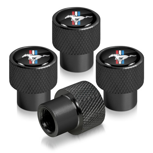 Ford Mustang Tri-Bar in Black on Black Aluminum Tire Valve Stem Caps