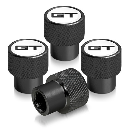 Ford Mustang GT in White on Black Aluminum Tire Valve Stem Caps Ford Mustang GT in White on Black Aluminum Tire Valve Stem Caps