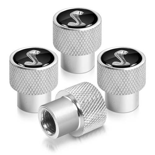 Ford Mustang Cobra in Black on Silver Chrome Aluminum Tire Valve Stem Caps Ford Mustang Cobra in Black on Silver Chrome Aluminum Tire Valve Stem Caps