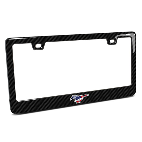 Ford Mustang USA Flag 3d Pony Emblem Real 3K Carbon Fiber Plastic License Frame