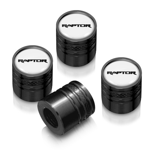 Ford F-150 Raptor White on Black Aluminum Cylinder-Style Tire Valve Stem Caps