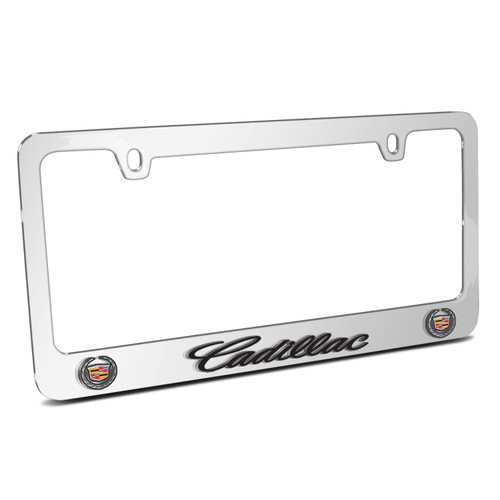 Cadillac Dual Logo 3D Embossed Letters on Mirror Chrome Metal License Plate Frame