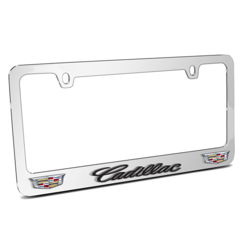 Cadillac Dual Logo Crest Logo 3D Embossed Letters on Mirror Chrome Metal License Plate Frame