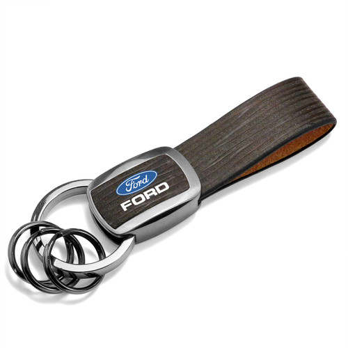 Ford Logo Black Nickel with Brown Leather Stripe Key Chain