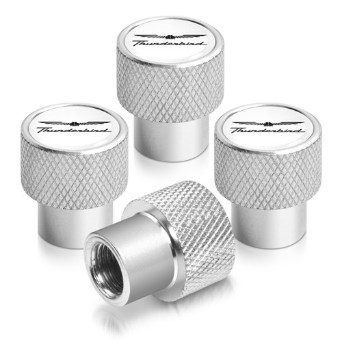 Ford Thunderbird in White on Silver Chrome Aluminum Tire Valve Stem Caps