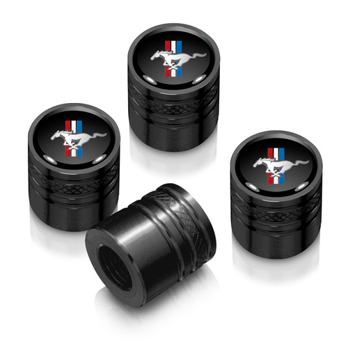 Mustang Tri-Bar Black on Black Aluminum Cylinder-Style Tire Valve Stem Caps