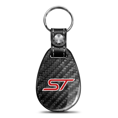 Ford Focus ST Real Black Carbon Fiber with Leather Strap Large Tear Drop Key Chain