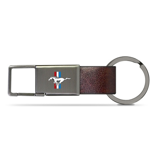 Ford Mustang Tri-Bar Brown Leather Strap Gunmetal Pull-out Metal Key Chain