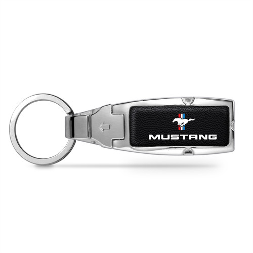Ford Mustang Tri-Bar Black Leather Detachable Ring Chrome Belt Slide Key Chain