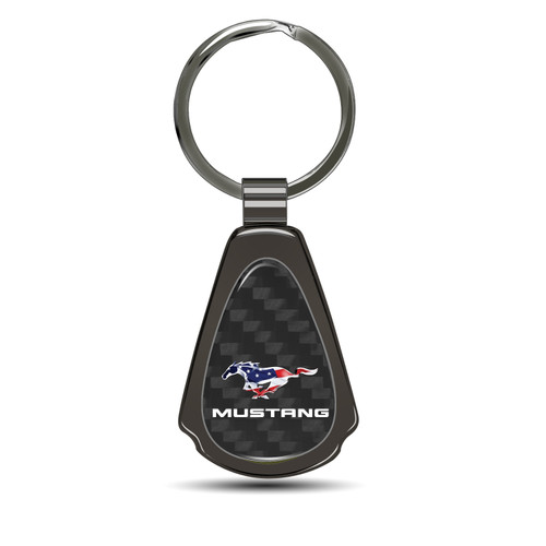 Ford Mustang American Flag Real Black Carbon Fiber Gunmetal Metal Teardrop Key Chain