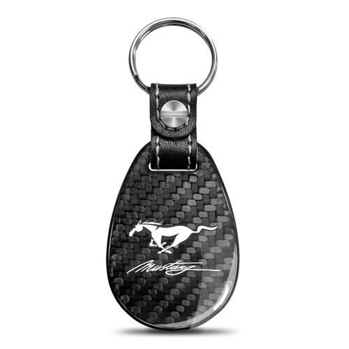 Ford Mustang Script Real Black Carbon Fiber with Leather Strap Large Tear Drop Key Chain
