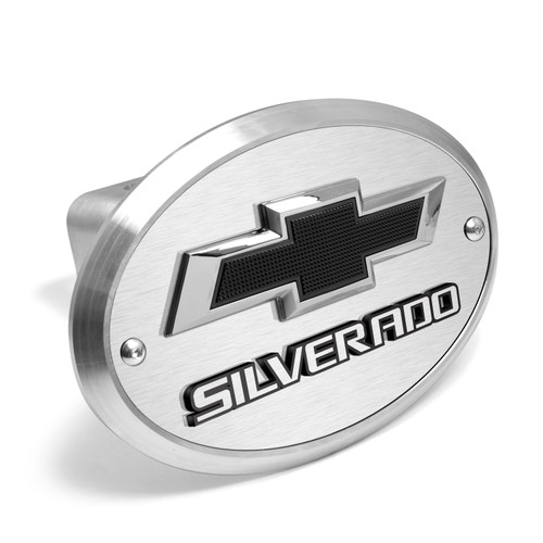 Chevrolet Silverado 3D Logo on Brushed Oval Billet Aluminum 2 inch Tow Hitch Cover