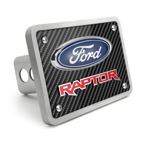 Ford Raptor in Red 3D Logo Carbon Fiber Look Billet Aluminum Tow Hitch Cover