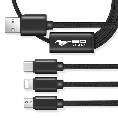 Ford Mustang 50 Years 3 in 1 Black 4 Ft Premium Multi Charging Cord USB Cable