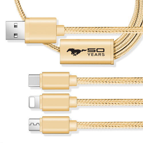 Mustang 50 Years 3 in 1 Golden 4 Ft Premium Multi Charging USB Cable Type-C iOS