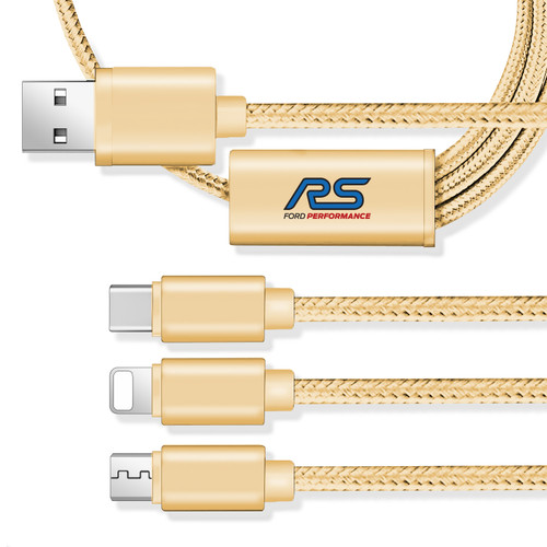 Ford Focus RS 3 in 1 Golden 4 Ft Premium Multi Charging USB Cable Type-C and iOS