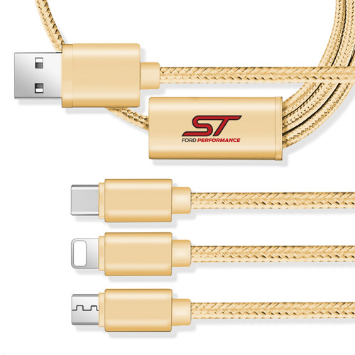 Ford Focus ST 3 in 1 Golden 4 Ft Premium Multi Charging USB Cable Type-C and iOS