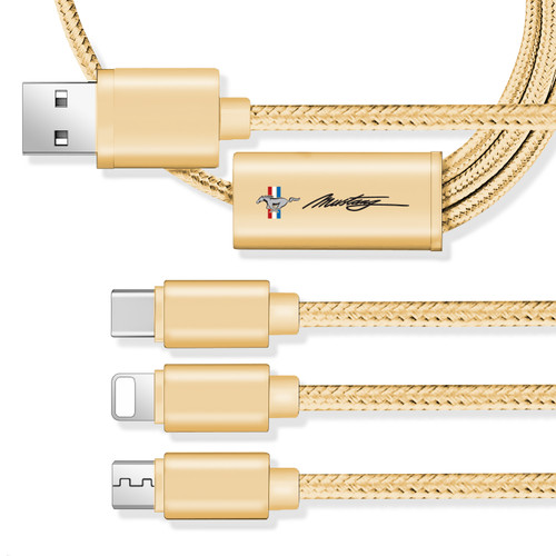 Mustang Script 3 in 1 Golden 4 Ft Premium Multi Charging USB Cable Type-C iOS