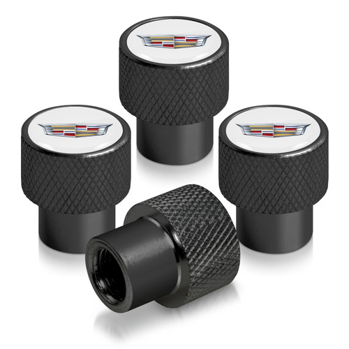 Cadillac Crest Logo in White on Black Aluminum Tire Valve Stem Caps