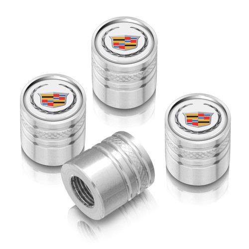 Cadillac Logo in White on Shining Silver Aluminum Cylinder-Style Tire Valve Stem Caps