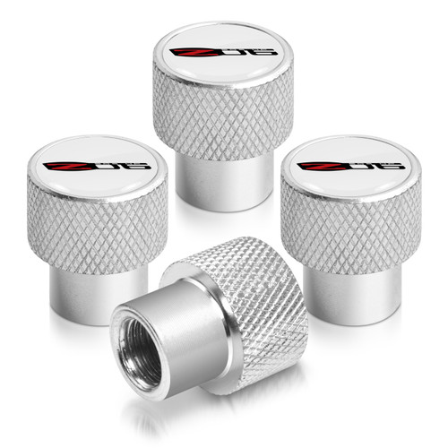 Chevrolet Corvette C6 Z06 White on Shining Silver Aluminum Tire Valve Stem Caps Chevrolet Corvette C6 Z06 White on Shining Silver Aluminum Tire Valve Stem Caps