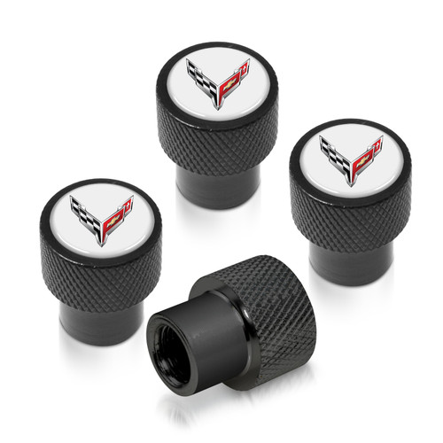 Chevrolet Corvette C8 Logo in White on Black Aluminum Tire Valve Stem Caps