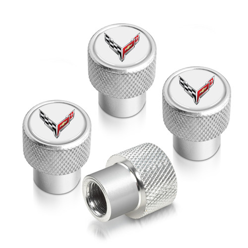 Chevrolet Corvette C8 Logo in White on Shining Silver Aluminum Tire Valve Stem Caps