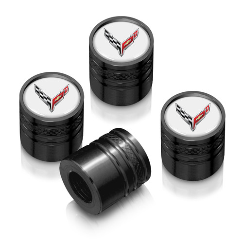 Chevrolet Corvette C8 Logo in White on Black Aluminum Cylinder-Style Tire Valve Stem Caps